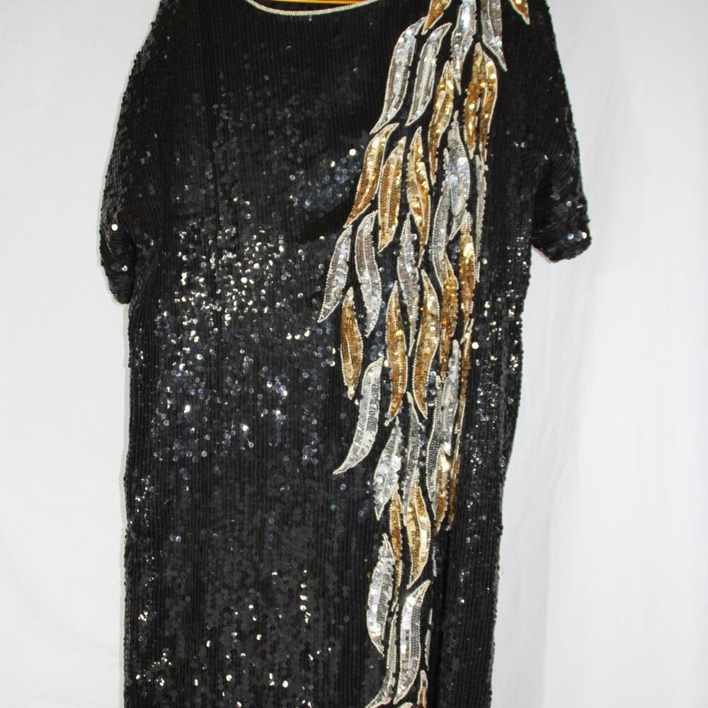 Vtg 80s  Jean for Joseph Le Bon Silk Sequined Maxi Dress Heavily Beaded Large - Picture 3 of 9